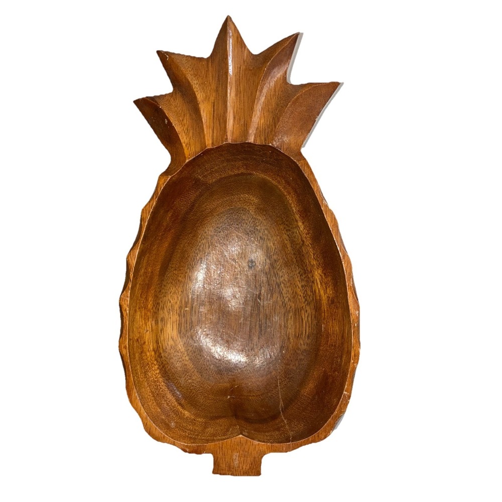 Pineapple Bowl Monkey Pod Wood Carved Tray Dish‎ Hawaii Vintage
